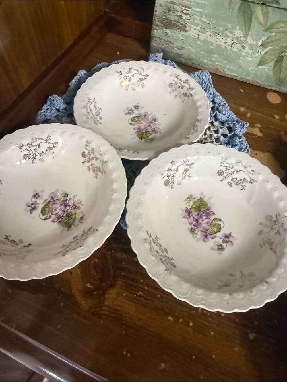 Set of 3 White Ceramic Bowls with Purple Floral Design